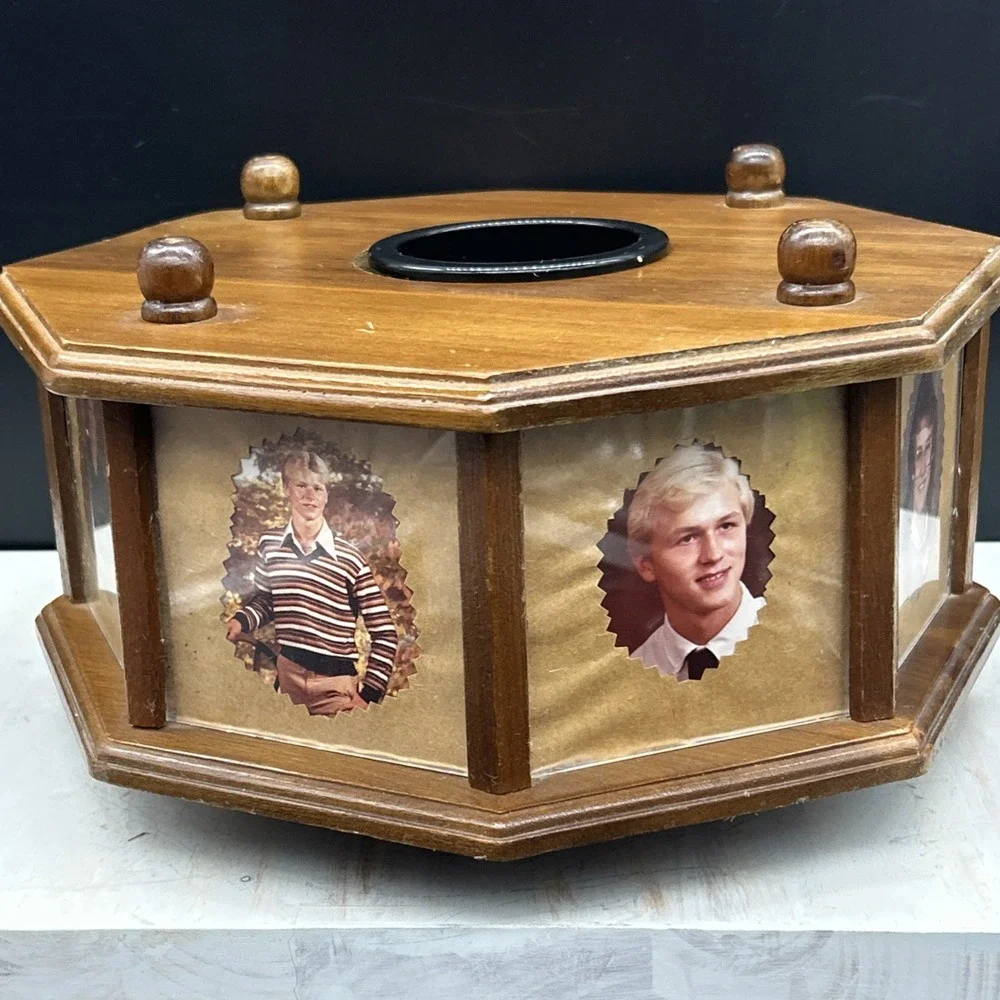 Vintage Wooden Octogan Photo Box Lazy Susan Photo Carousel. Grandma Core